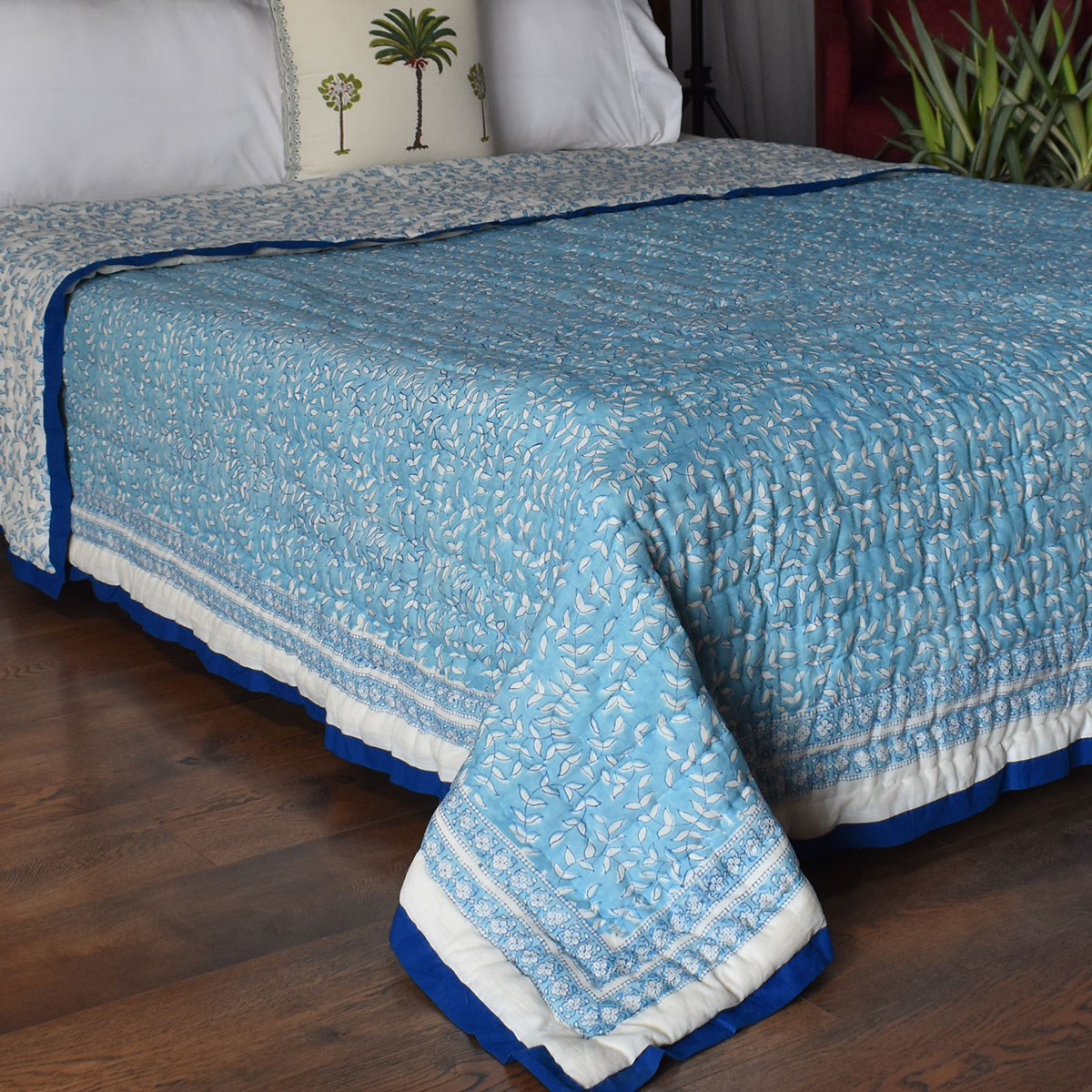 Hand Block Printed Cotton Queen Size Quilt  Harmony Blue 260416