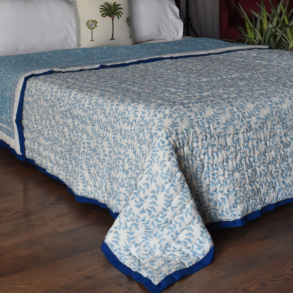 Hand Block Printed Cotton Queen Size Quilt Harmony Blue 260416