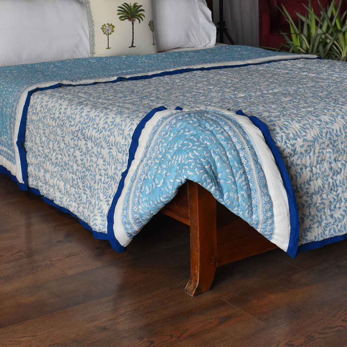Hand Block Printed Cotton Queen Size Quilt  Harmony Blue 260416