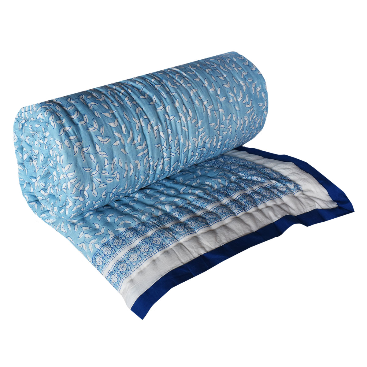 Hand Block Printed Cotton Queen Size Quilt  Harmony Blue 260416
