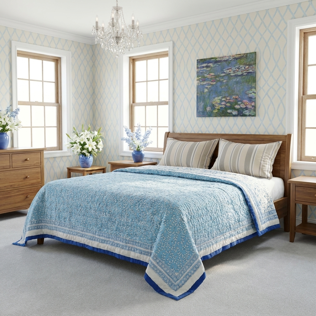 Hand Block Printed Cotton Queen Size Quilt  Harmony Blue 260416