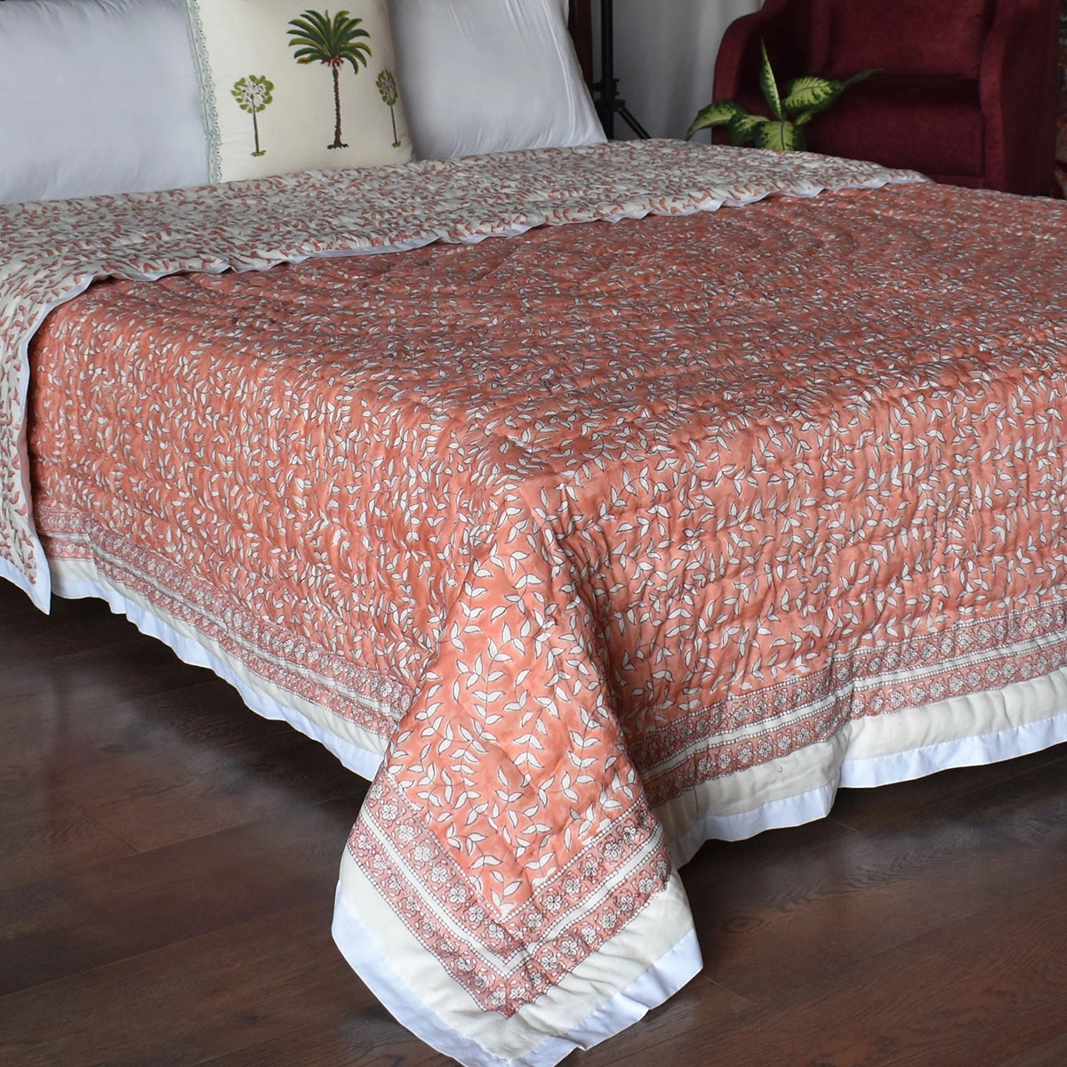 Hand Block Printed Cotton Queen Size Quilt Harmony Peach Fill 260415