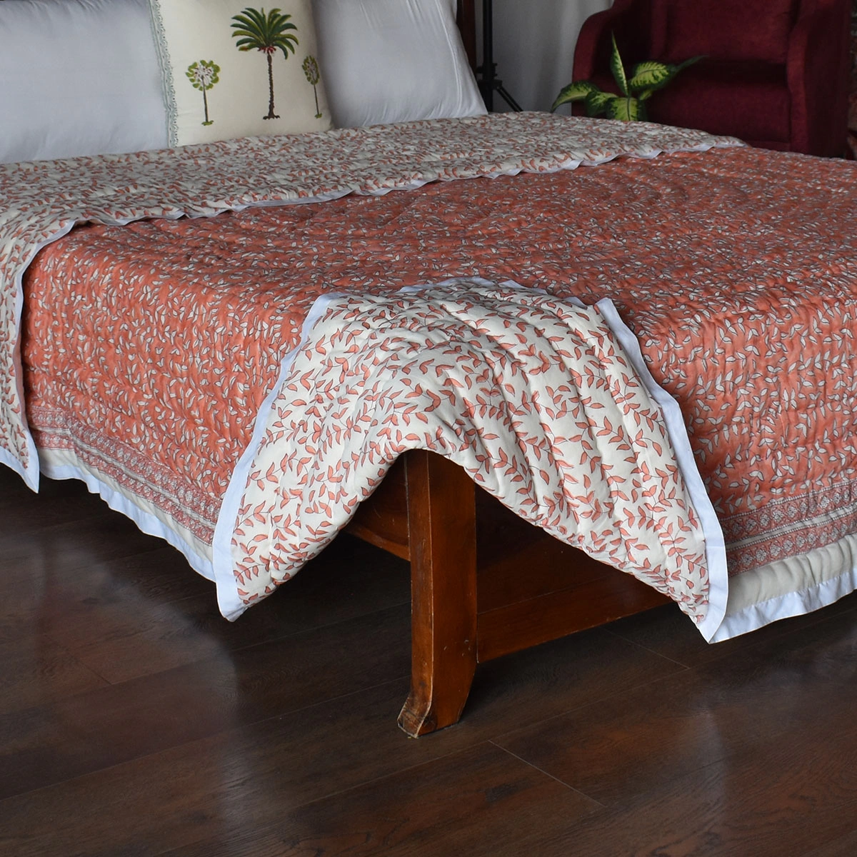 Hand Block Printed Cotton Queen Size Quilt Harmony Peach Fill 260415