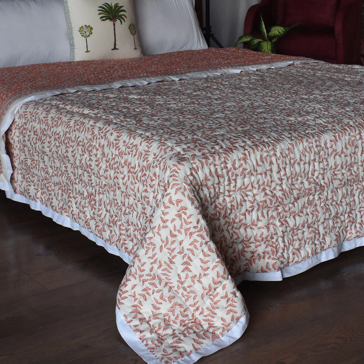 Hand Block Printed Cotton Queen Size Quilt Harmony Peach Fill 260415