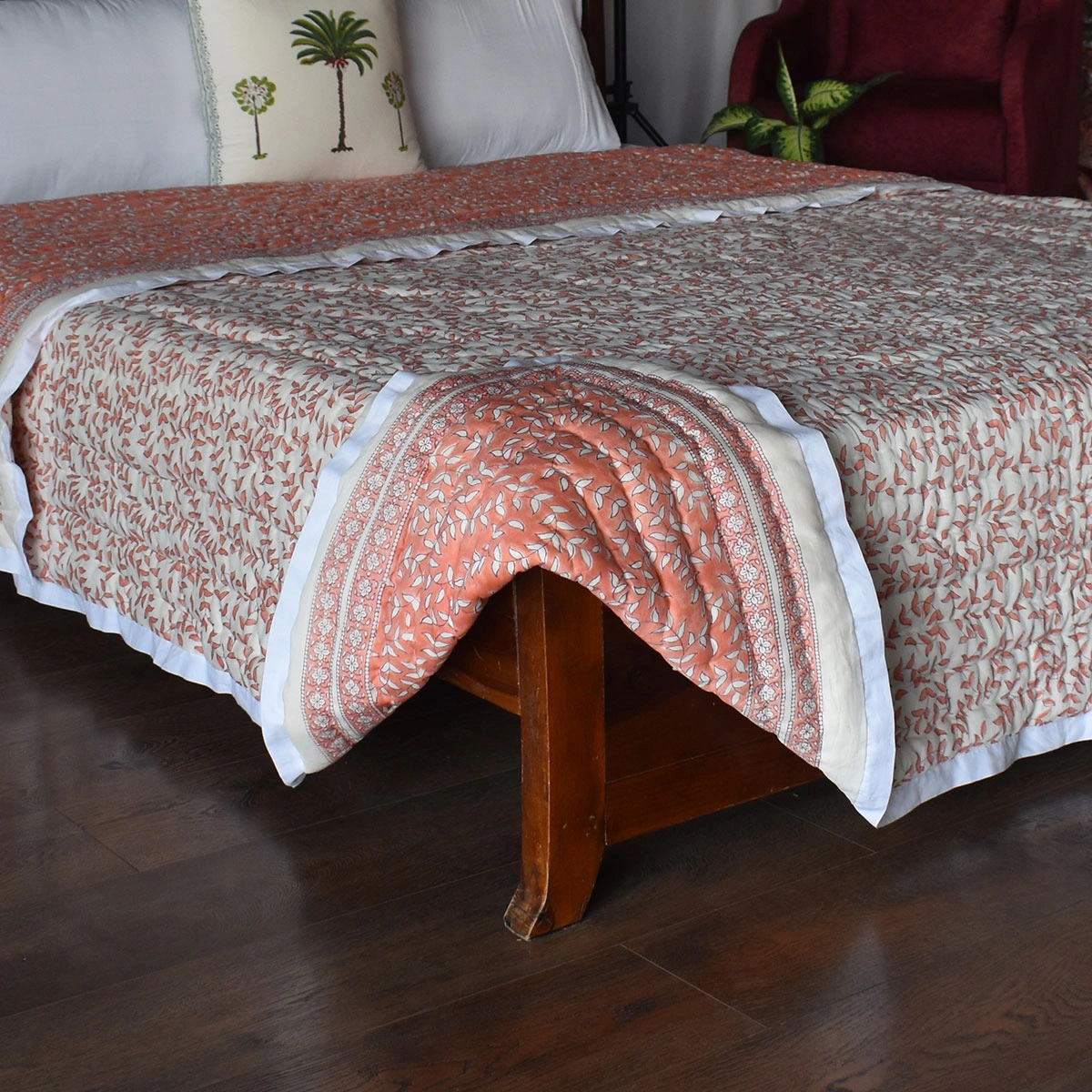 Hand Block Printed Cotton Queen Size Quilt Harmony Peach Fill 260415