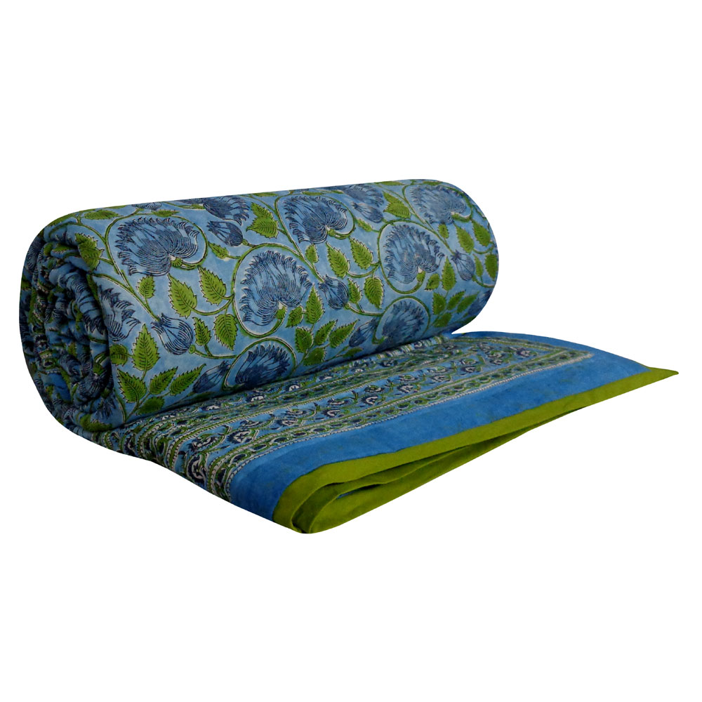 Hand Block Printed Cotton Queen Size Quilt Kamal Aqua 205309