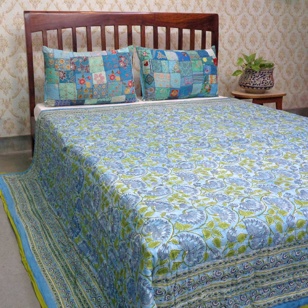 Hand Block Printed Cotton Queen Size Quilt Kamal Aqua 205309