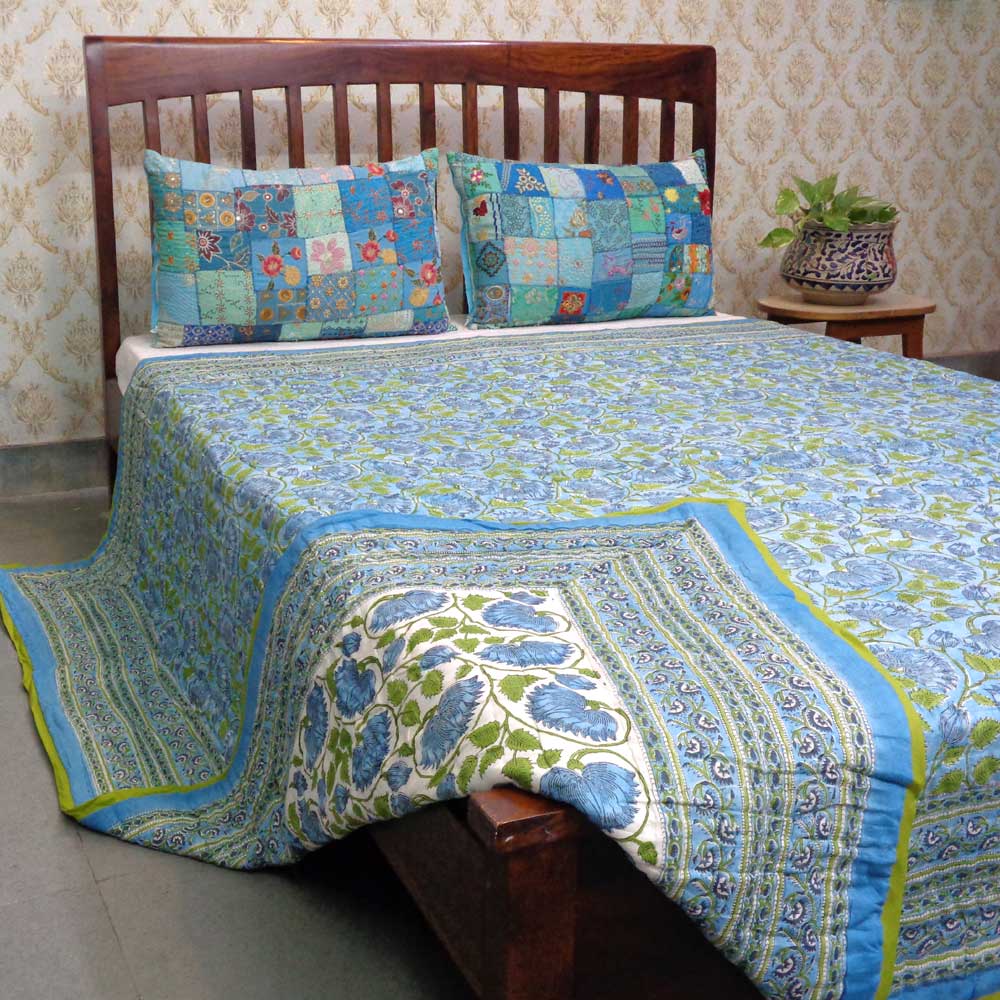Hand Block Printed Cotton Queen Size Quilt Kamal Aqua 205309
