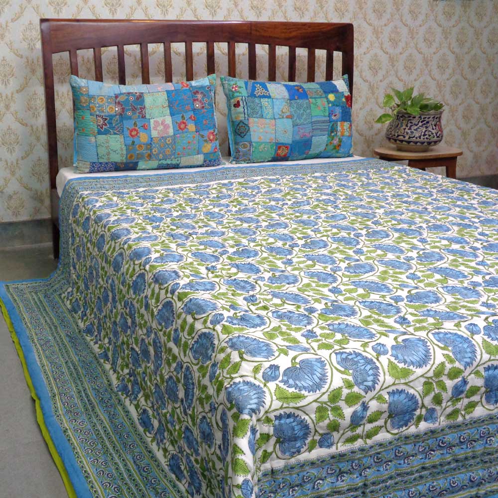Hand Block Printed Cotton Queen Size Quilt Kamal Aqua 205309