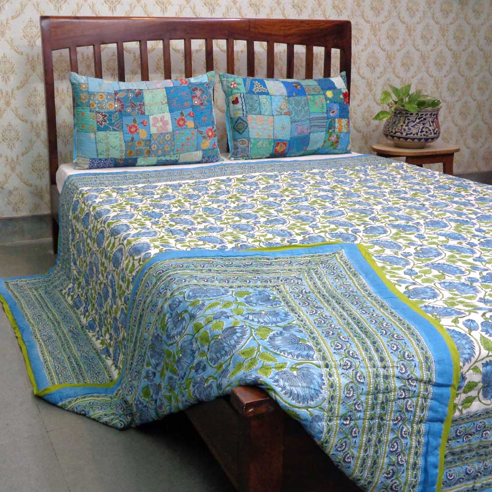Hand Block Printed Cotton Queen Size Quilt Kamal Aqua 205309