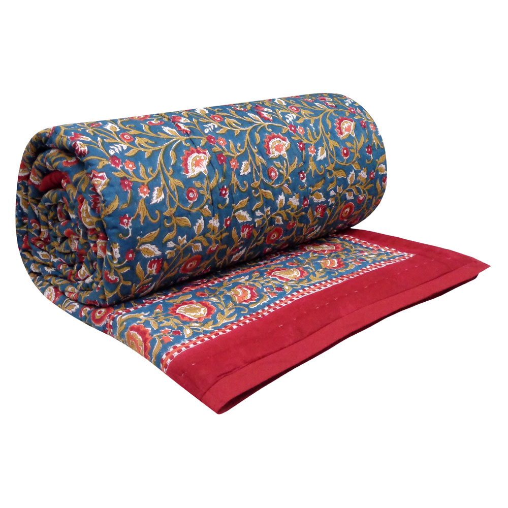 Hand Block Printed Cotton Queen Size Quilt Kashida Gud 302011