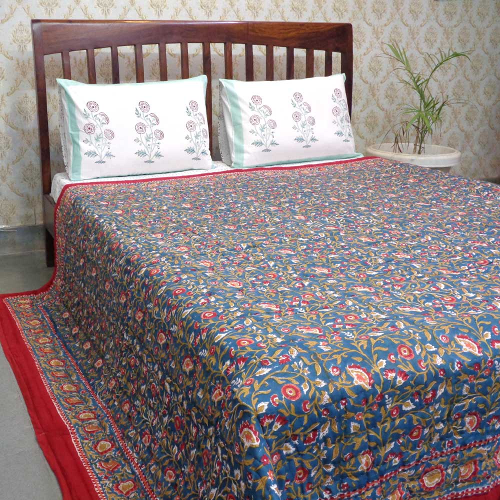 Hand Block Printed Cotton Queen Size Quilt Kashida Gud 302011