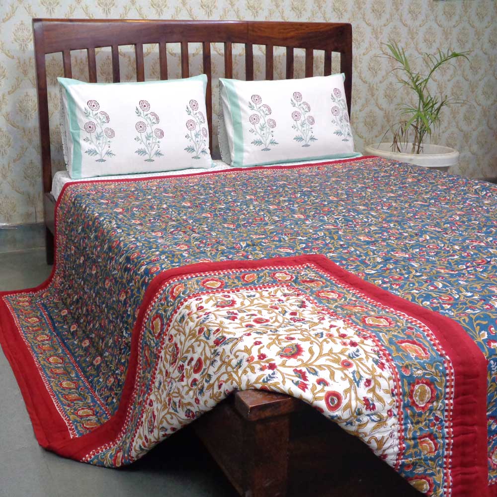 Hand Block Printed Cotton Queen Size Quilt Kashida Gud 302011