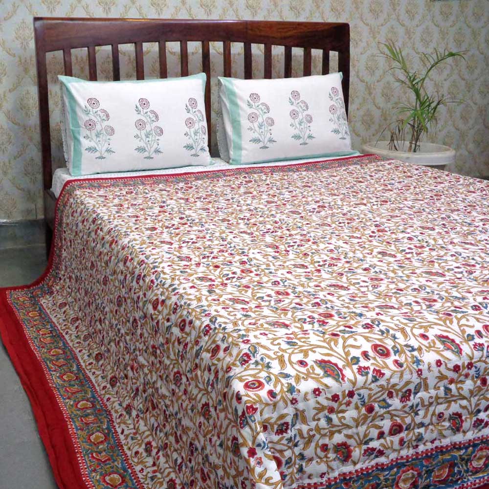 Hand Block Printed Cotton Queen Size Quilt Kashida Gud 302011