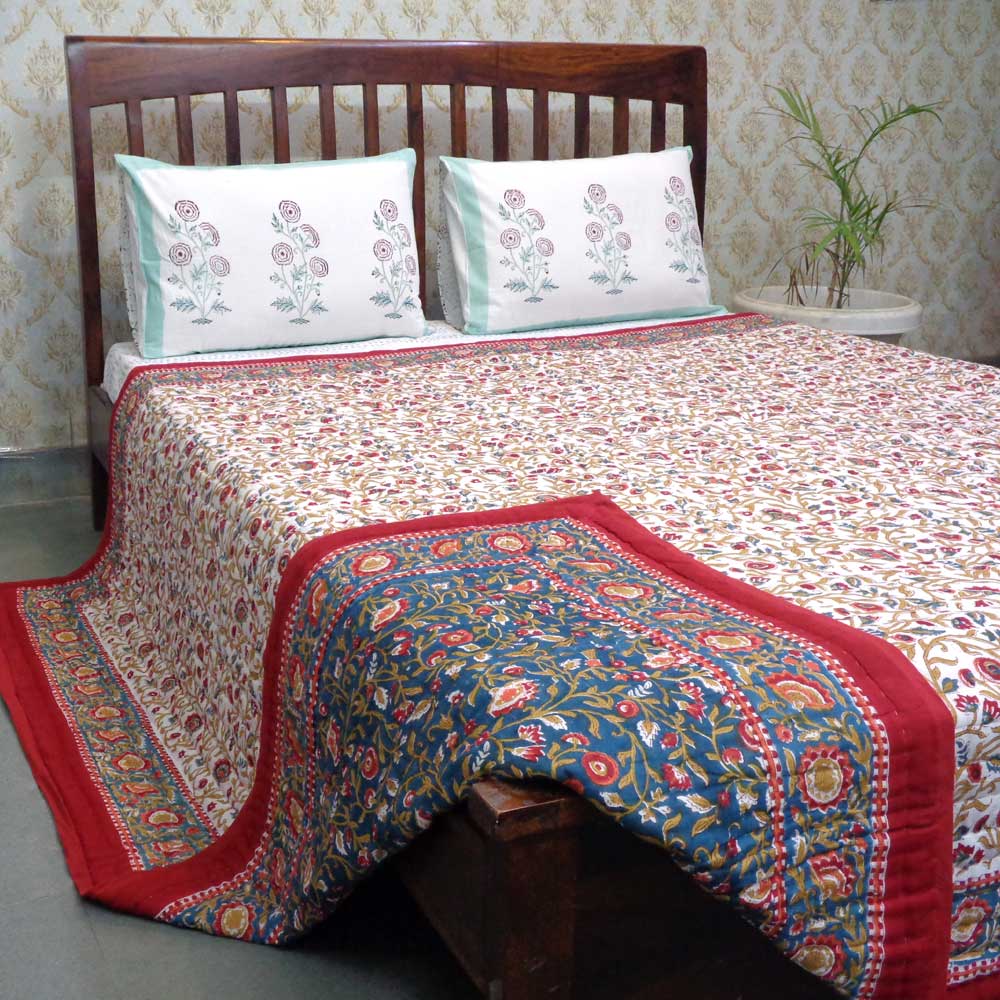 Hand Block Printed Cotton Queen Size Quilt Kashida Gud 302011