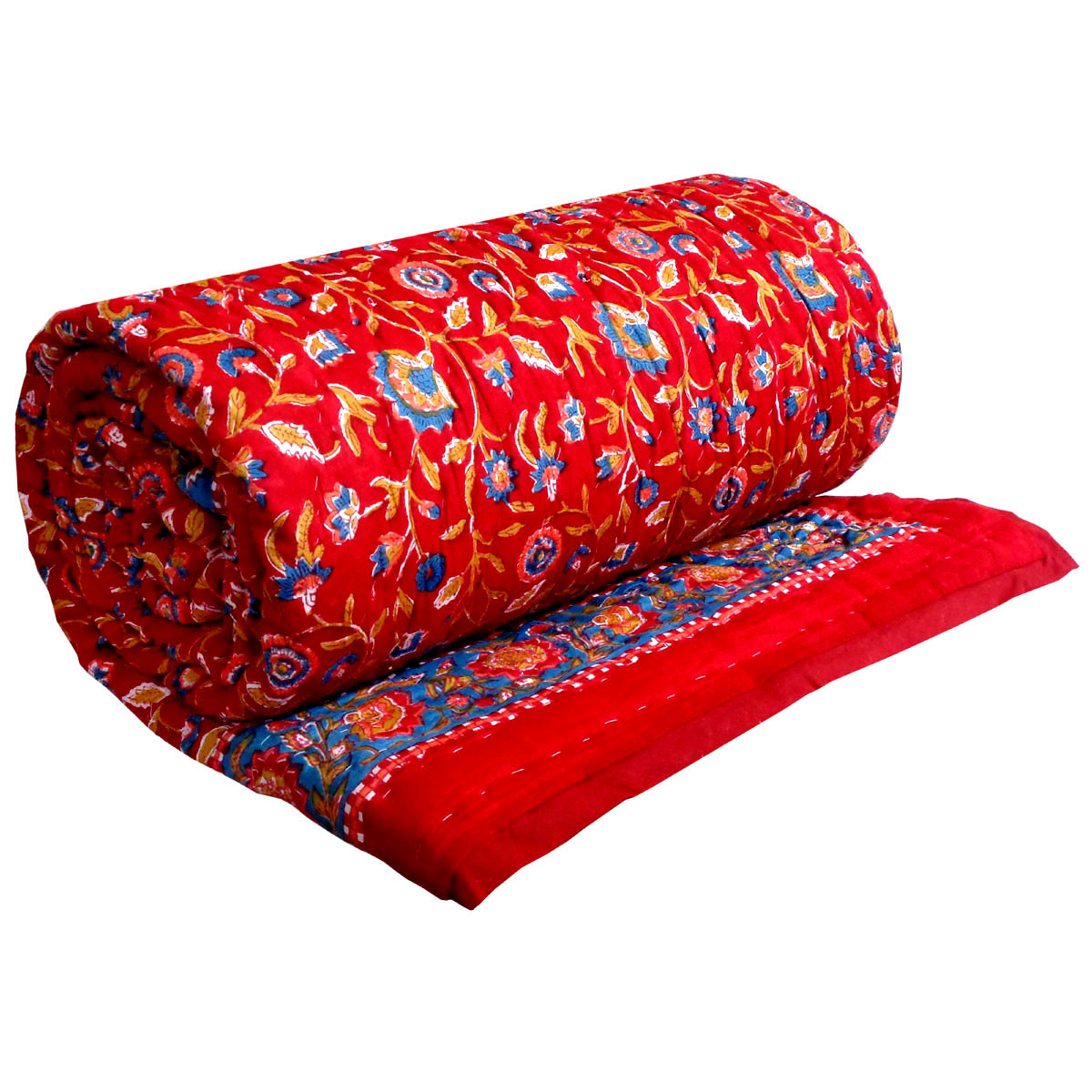 Hand Block Printed Cotton Queen Size Quilt  Kashida Poppy Red 104126