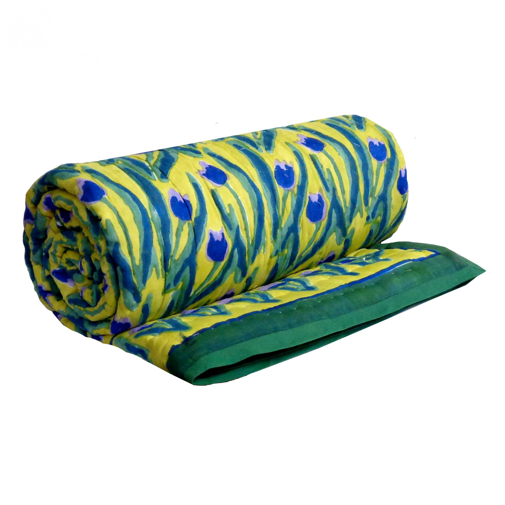Hand Block Printed Cotton Queen Size Quilt  Lambi Patti Tulip Lime 601671