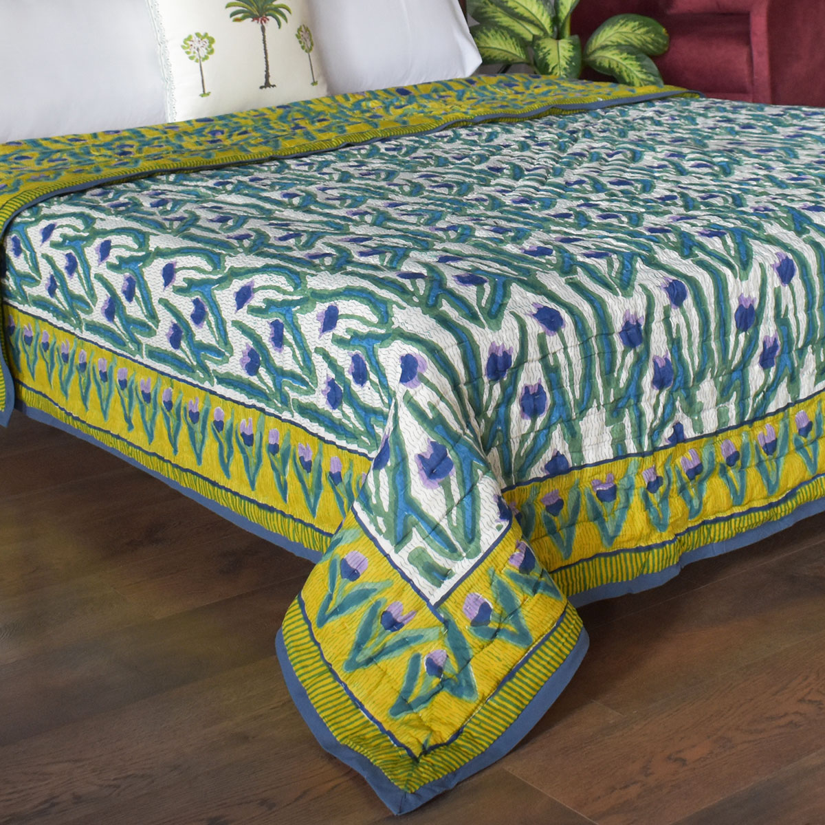 Hand Block Printed Cotton King Size Quilt Lambi Patti Tulip Lime 601671