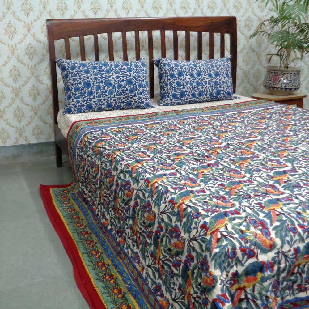 Handmade Block Printed Cotton Queen Quilt Love Bird 302156