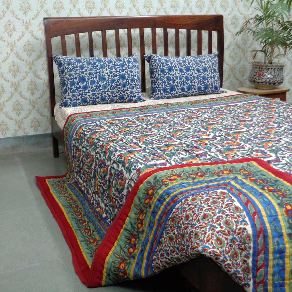Handmade Block Printed Cotton Queen Quilt Love Bird 302156