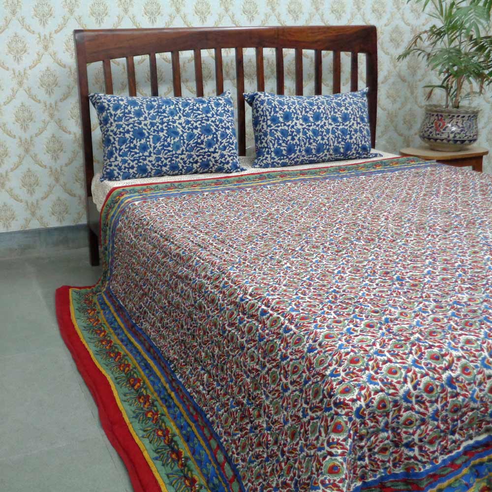 Handmade Block Printed Cotton Queen Quilt Love Bird 302156