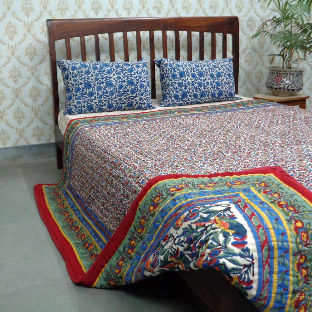 Handmade Block Printed Cotton Queen Quilt Love Bird 302156