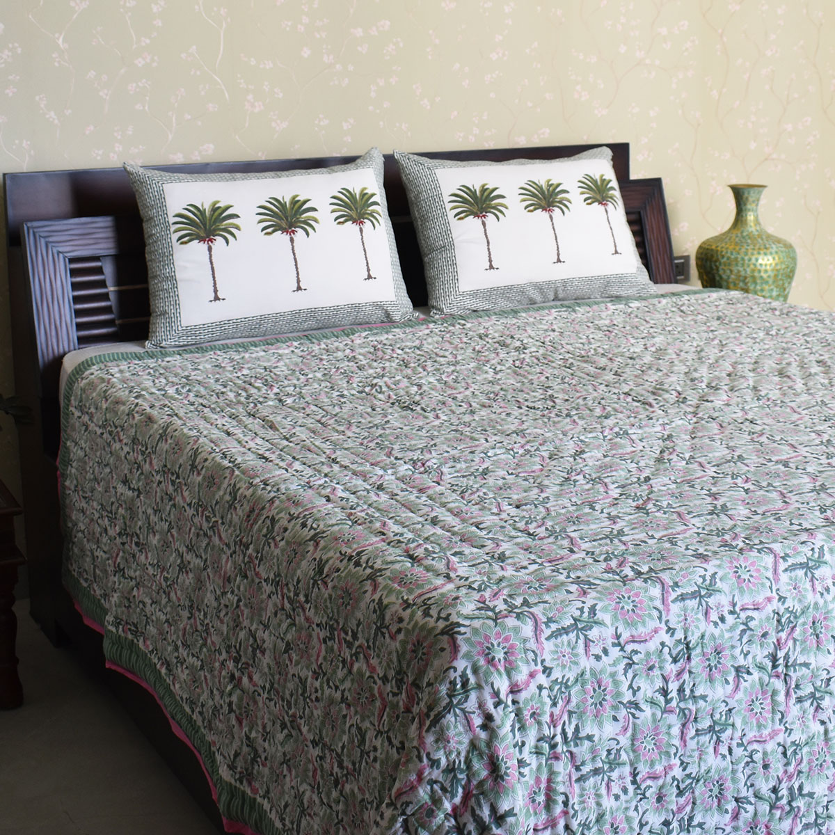 Hand Block Printed Cotton Queen Size Quilt Madhubala Green 202526