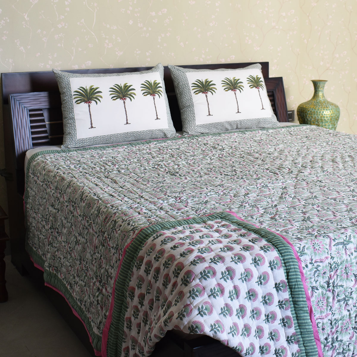 Hand Block Printed Cotton Queen Size Quilt Madhubala Green 202526