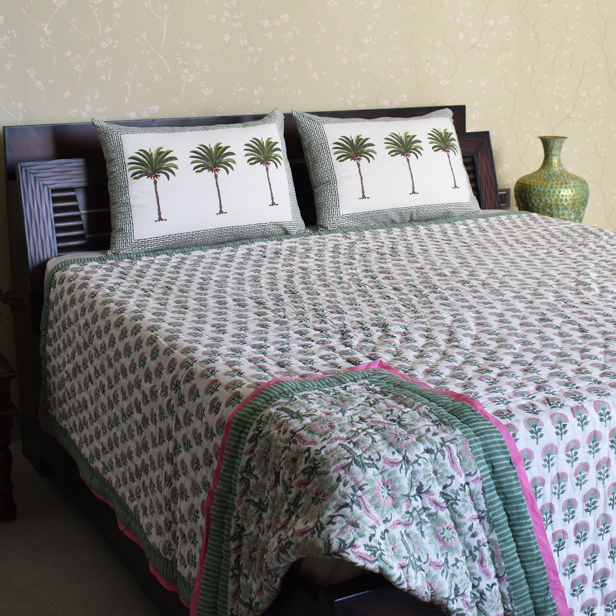 Hand Block Printed Cotton Queen Size Quilt Madhubala Green 202526