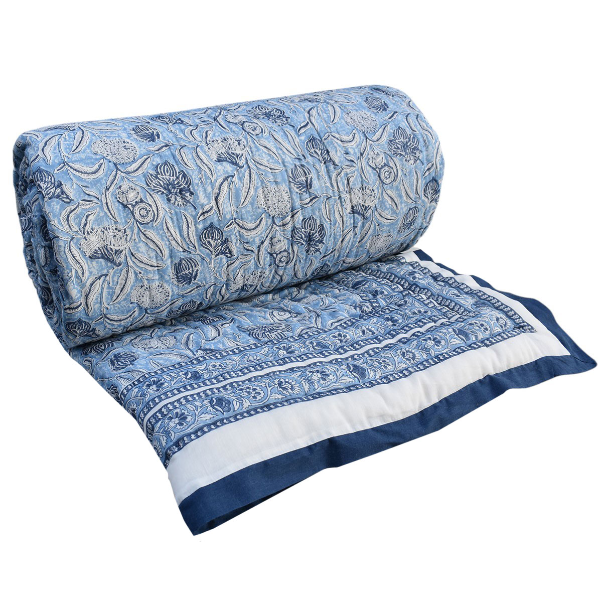 Hand Block Printed Cotton Queen Size Quilt Meadow Song Blue 202513
