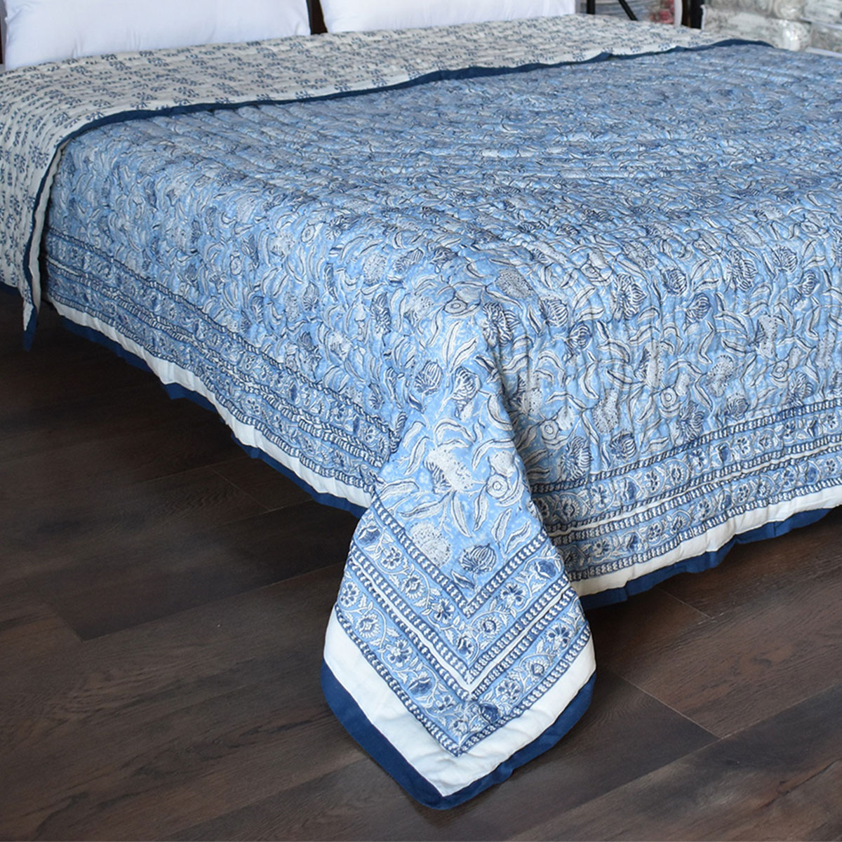 Hand Block Printed Cotton King Size Quilt Meadow Song Blue 202513