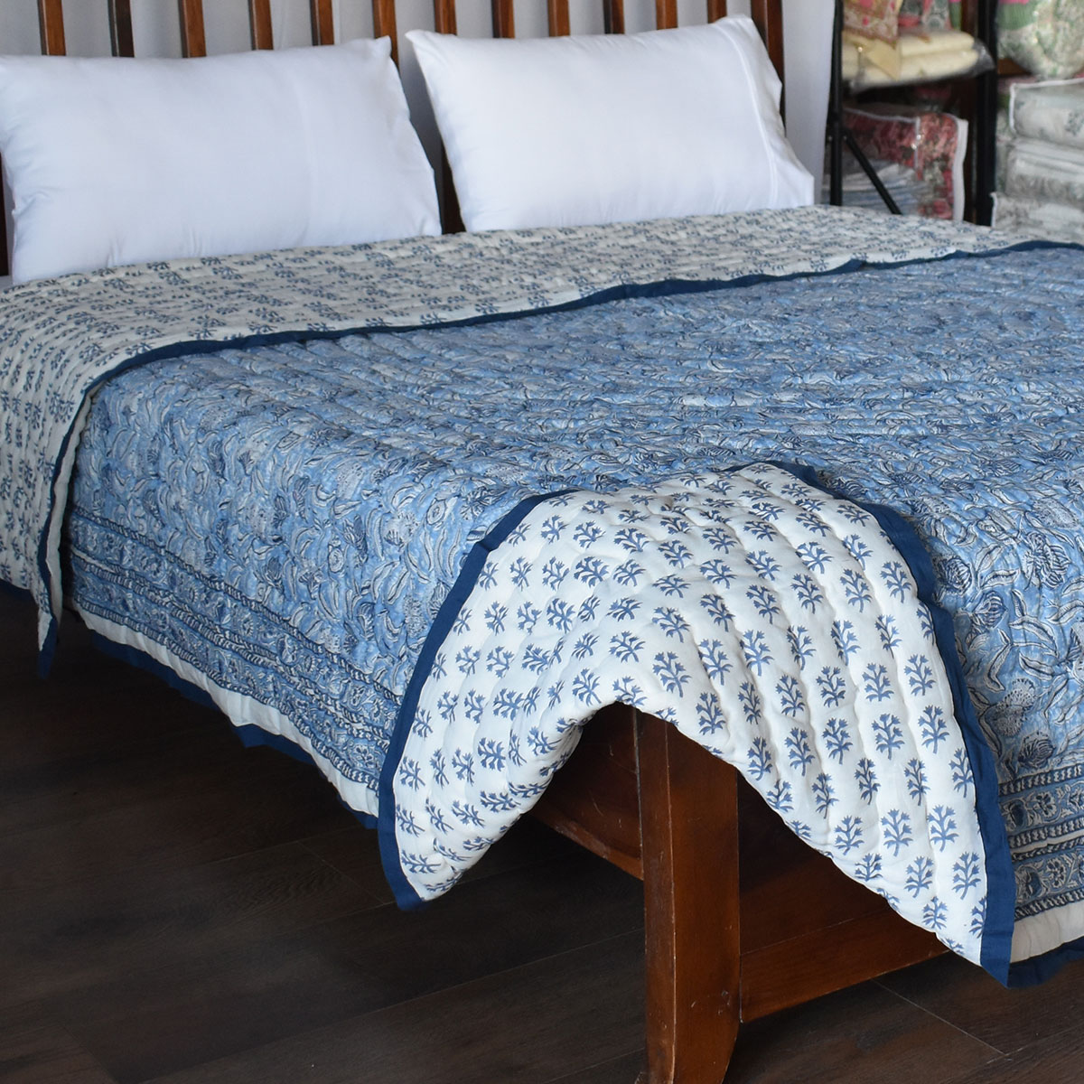 Hand Block Printed Cotton King Size Quilt Meadow Song Blue 202513