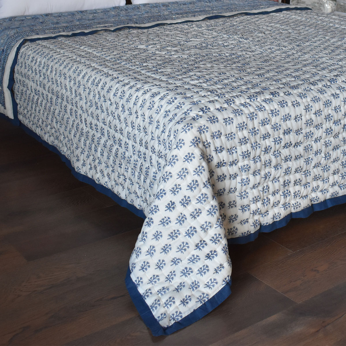 Hand Block Printed Cotton King Size Quilt Meadow Song Blue 202513