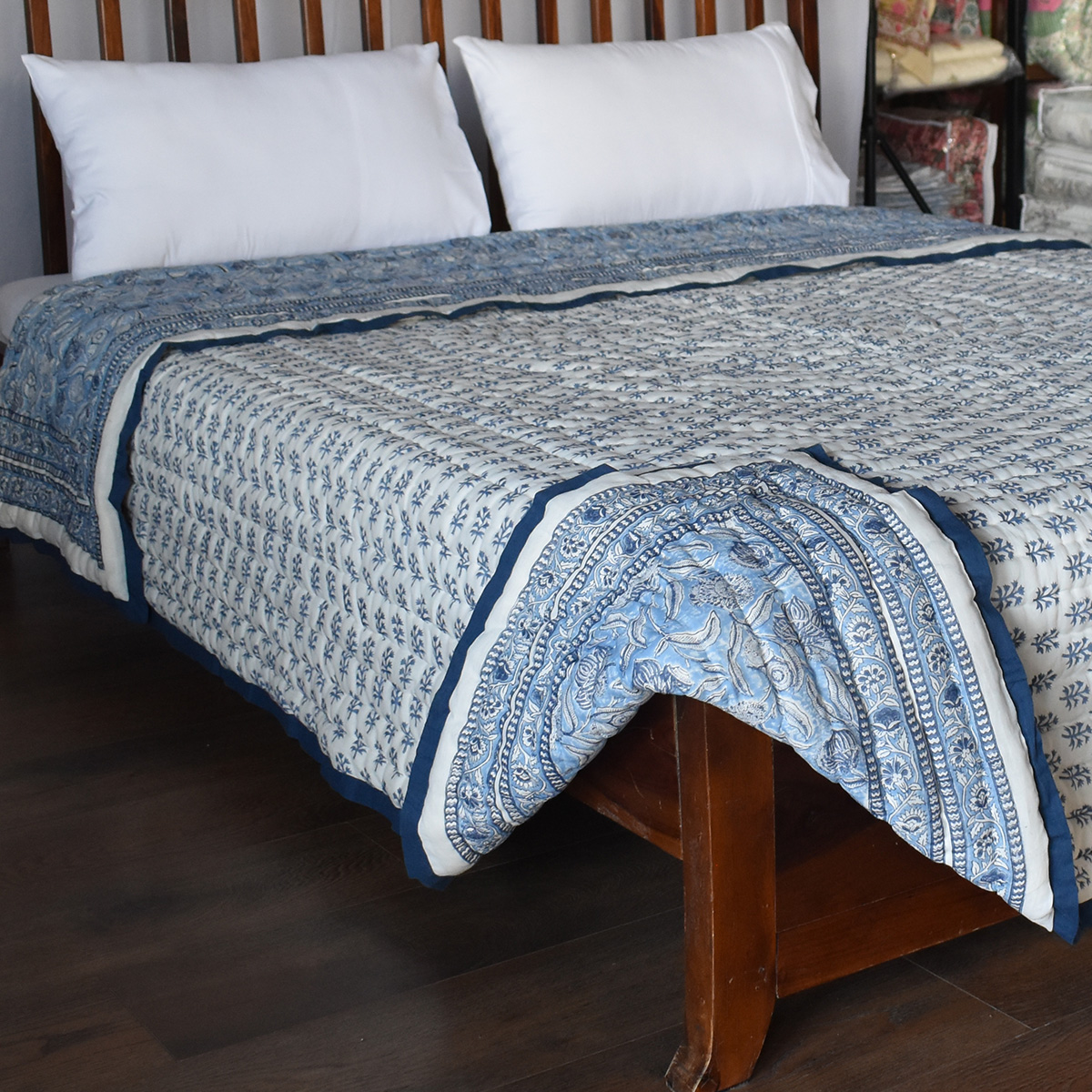 Hand Block Printed Cotton Queen Size Quilt Meadow Song Blue 202513