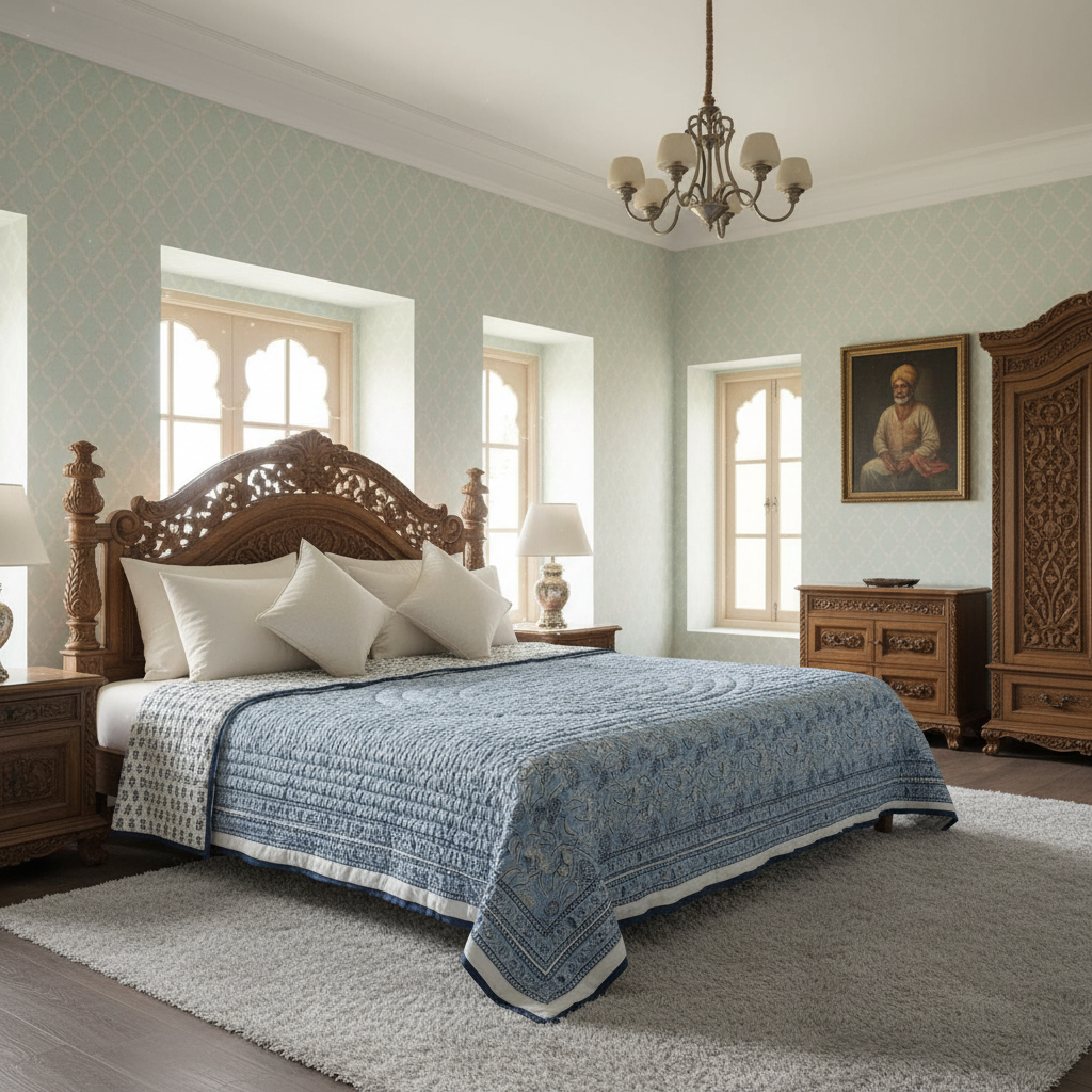 Hand Block Printed Cotton King Size Quilt Meadow Song Blue 202513