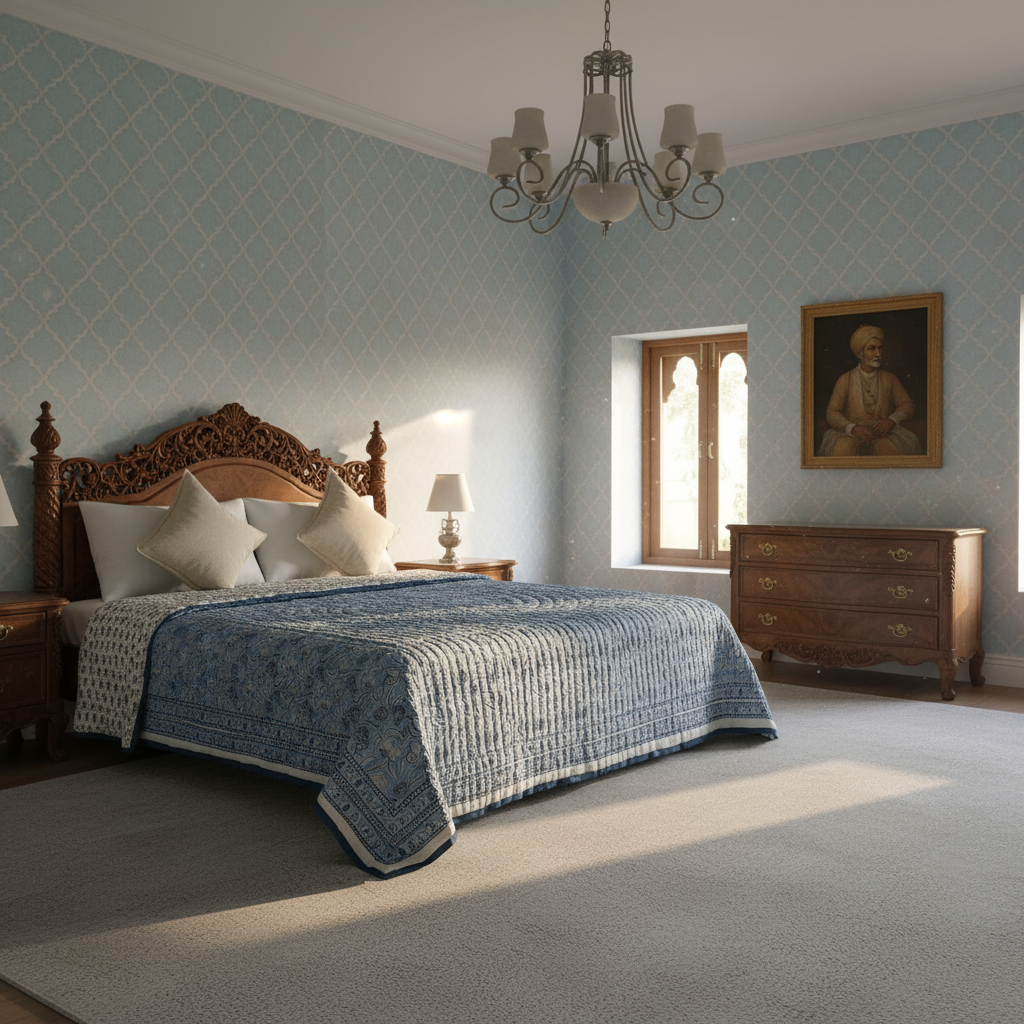 Hand Block Printed Cotton King Size Quilt  Meadow Song Blue 202513