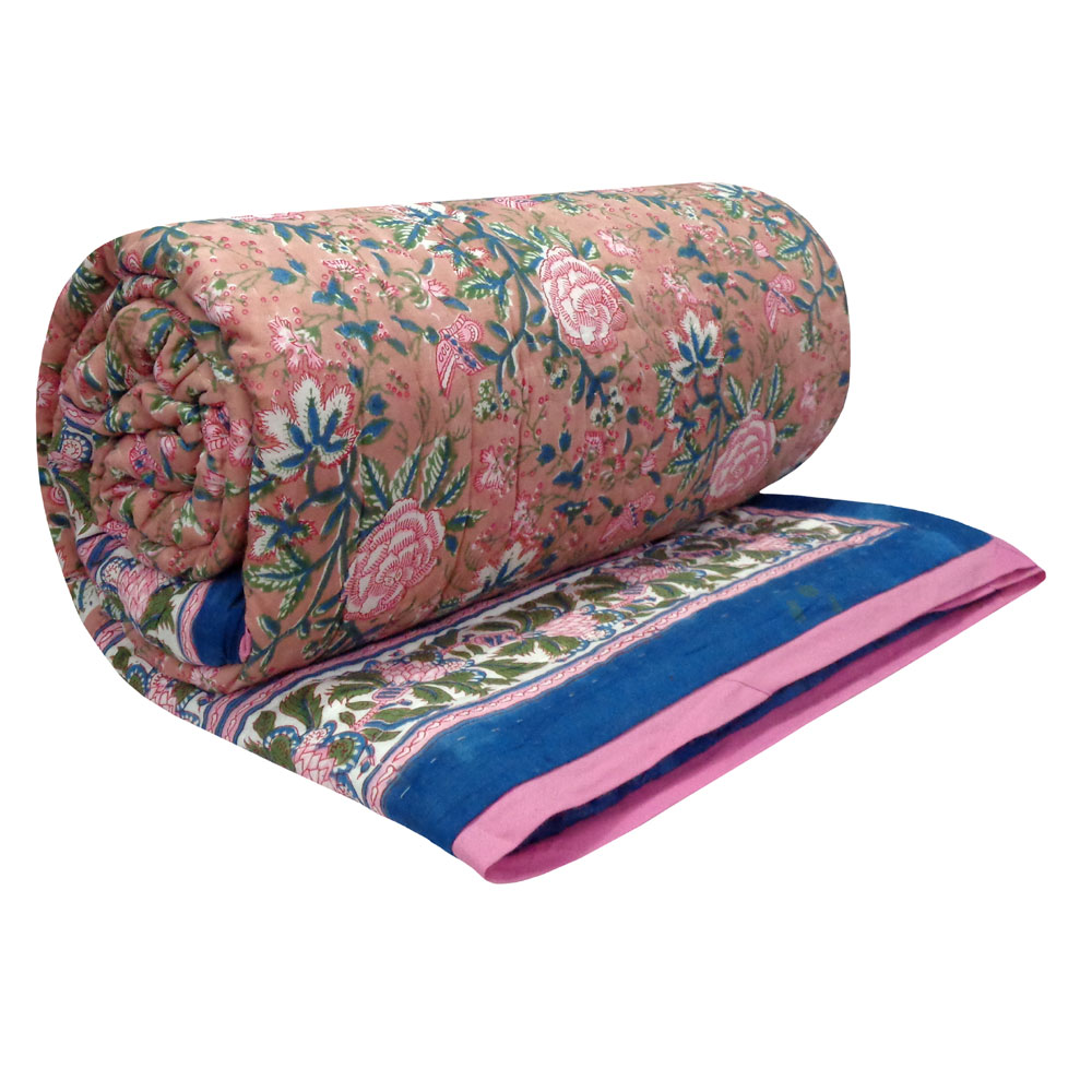 Hand Block Printed Cotton Queen Size Quilt Misty Rose Gud 202873