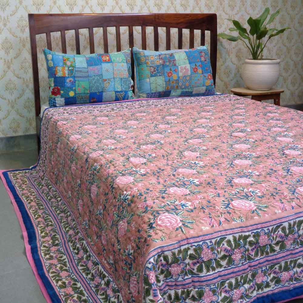 Hand Block Printed Cotton Queen Size Quilt Misty Rose Gud 202873