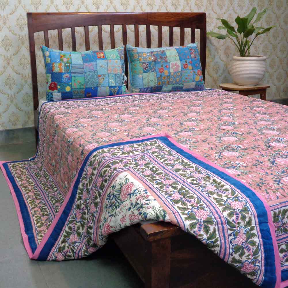Hand Block Printed Cotton Queen Size Quilt Misty Rose Gud 202873