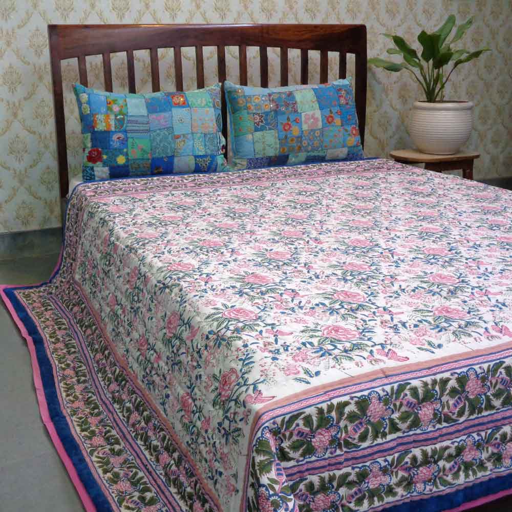 Hand Block Printed Cotton Queen Size Quilt Misty Rose Gud 202873