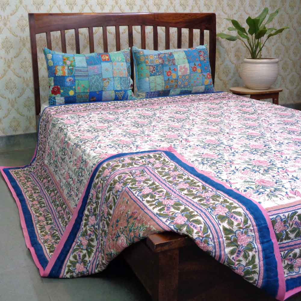 Hand Block Printed Cotton Queen Size Quilt Misty Rose Gud 202873