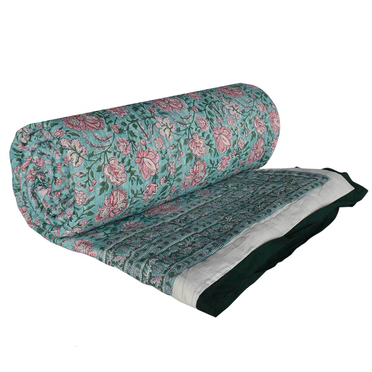 Hand Block Printed Cotton Queen Size Quilt Mohini Green Gud 620605
