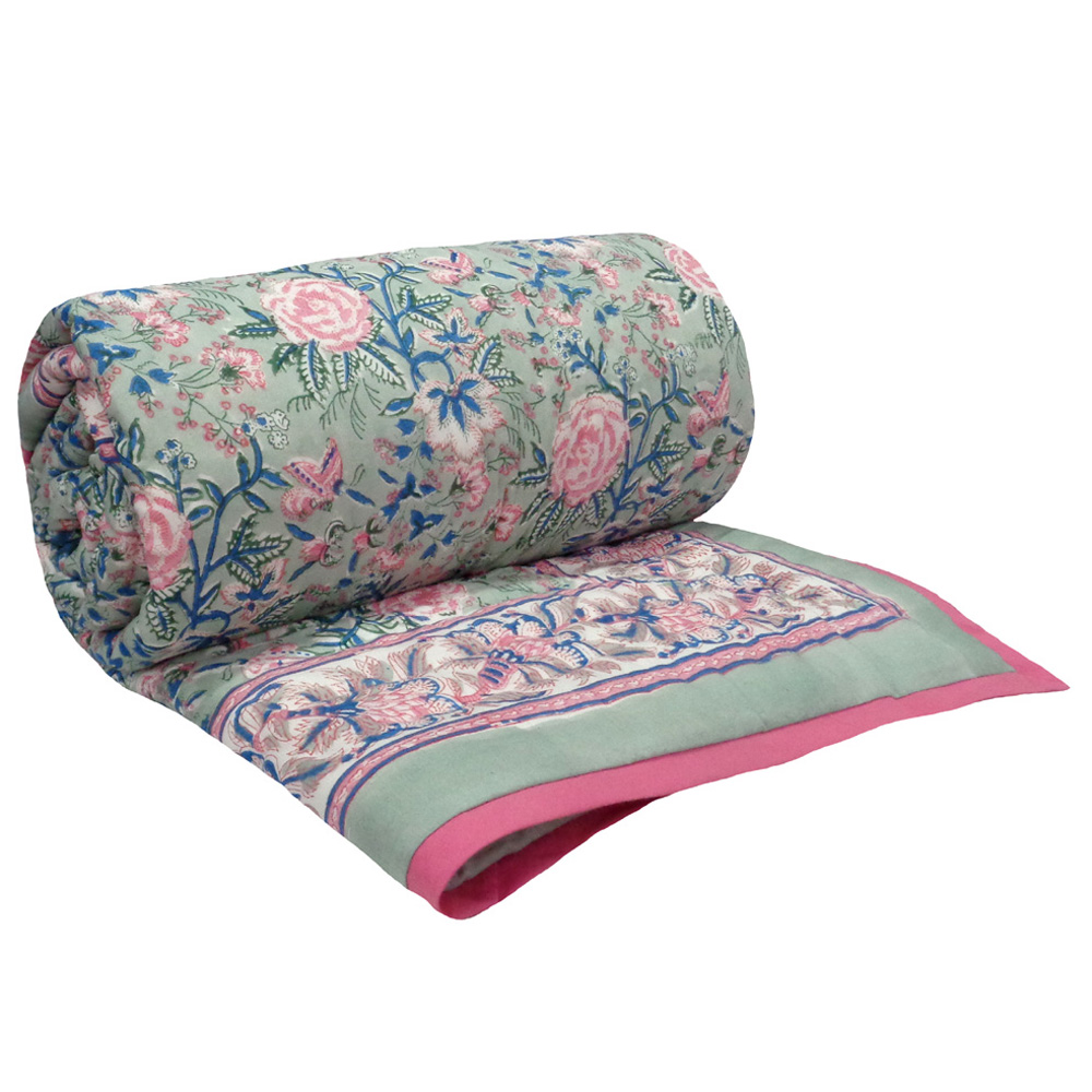 Hand Block Printed Cotton Twin Size Quilt  Naya Gulab 101976