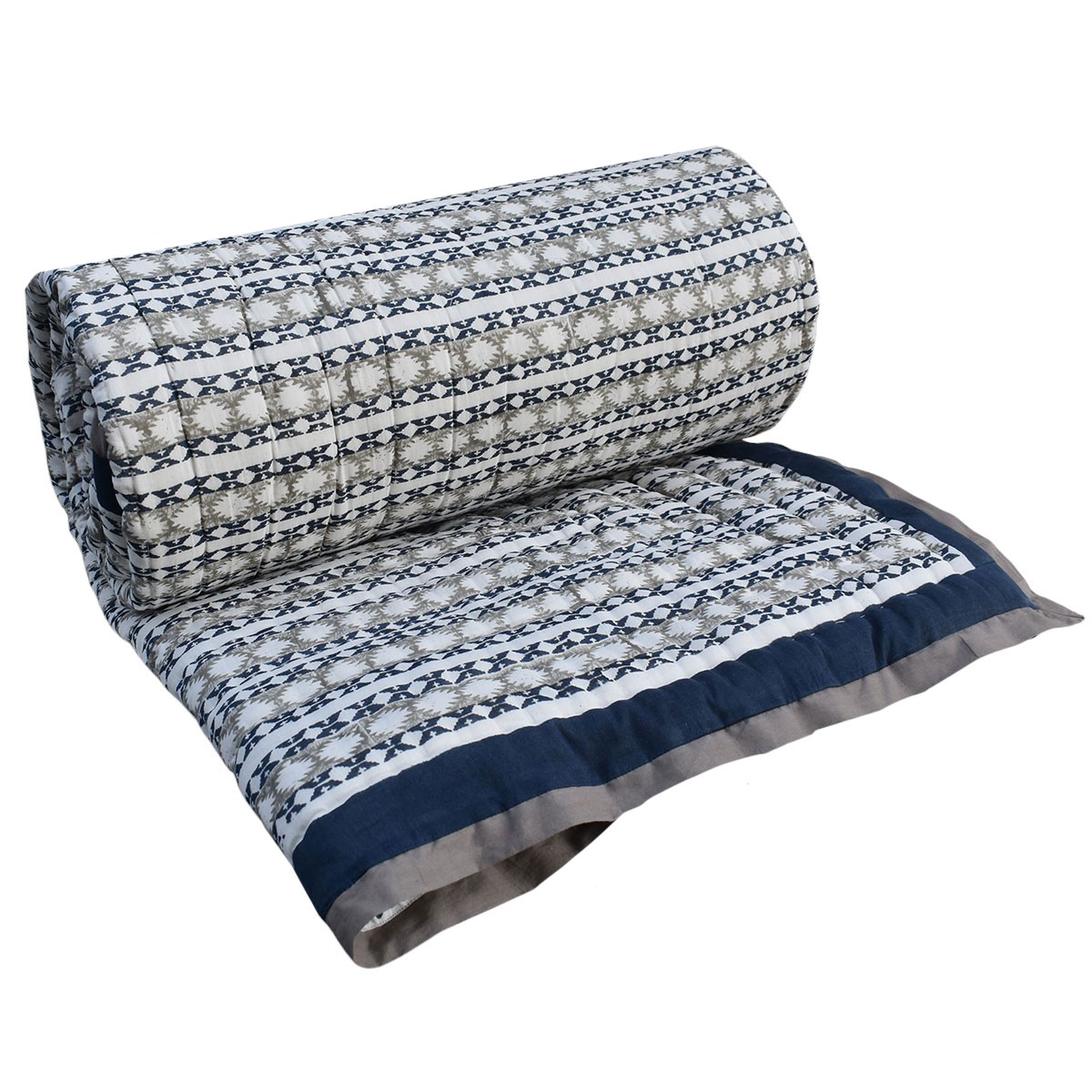 Hand Block Printed Cotton Queen Size Quilt  Nordic Blue Greystone Stripe 202527