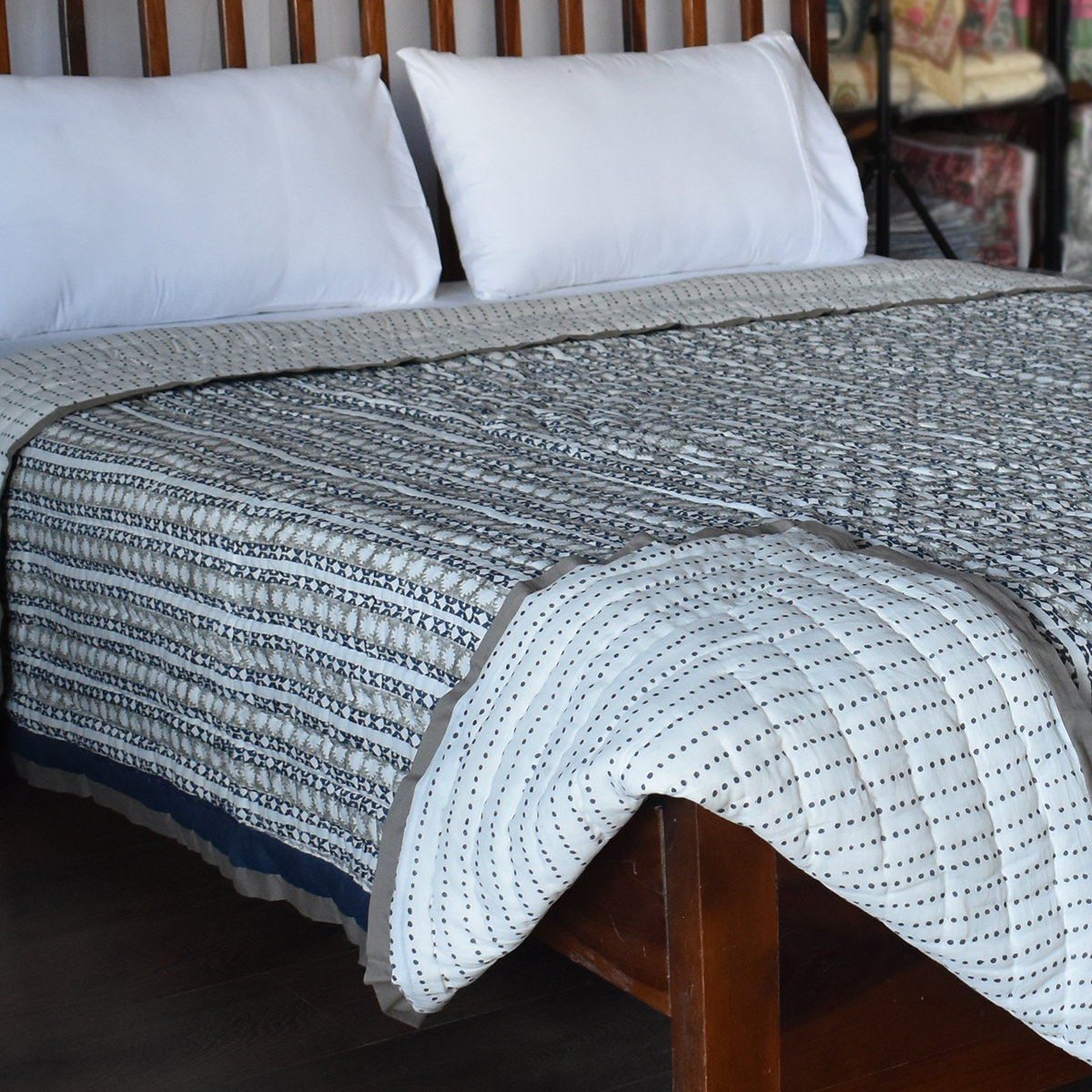 Hand Block Printed Cotton Queen Size Quilt Nordic Blue Greystone Stripe 202527