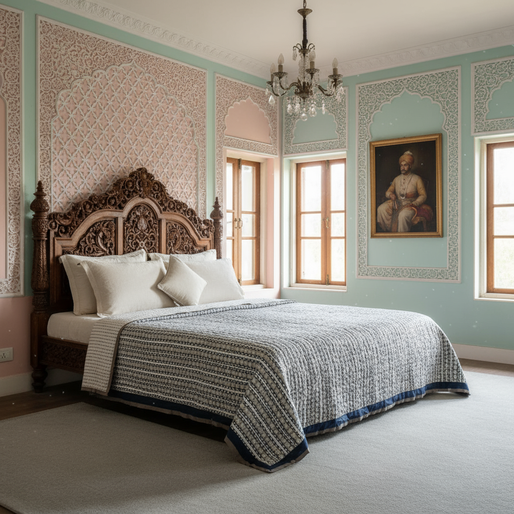 Hand Block Printed Cotton King Size Quilt Nordic Blue Greystone Stripe 202527