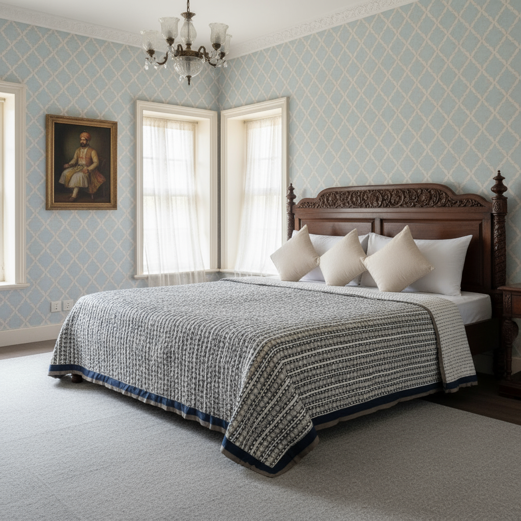 Hand Block Printed Cotton Queen Size Quilt Nordic Blue Greystone Stripe 202527