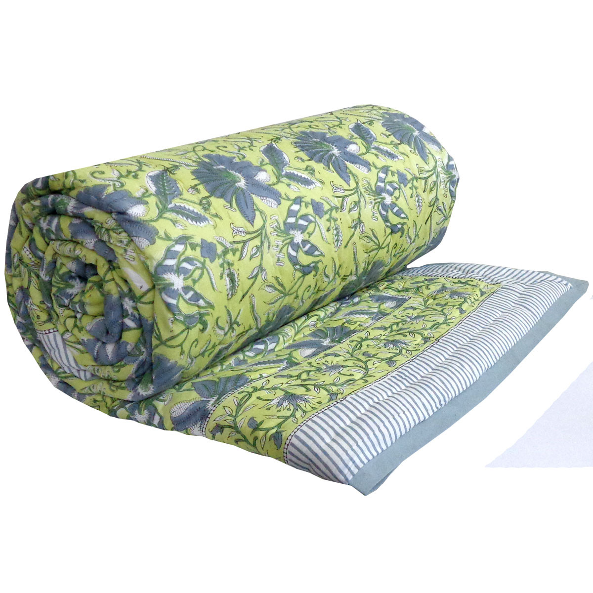 Hand Block Printed Cotton Queen Size Quilt  Olive Flower Gud 602183