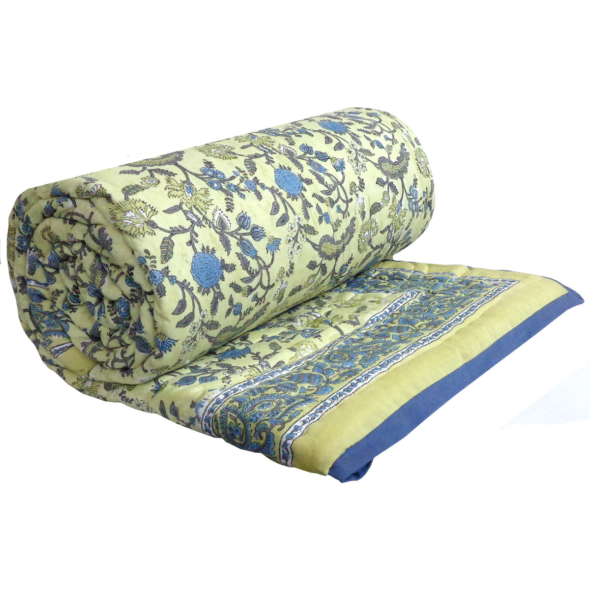 Hand Block Printed Cotton Queen Size Quilt  Olive Morris Flower 501060
