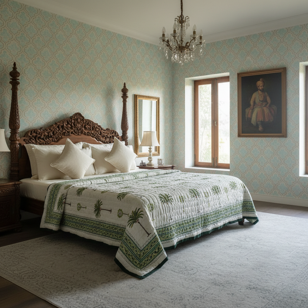 Hand Block Printed Cotton King Size Quilt  Palm Tree Green 109024